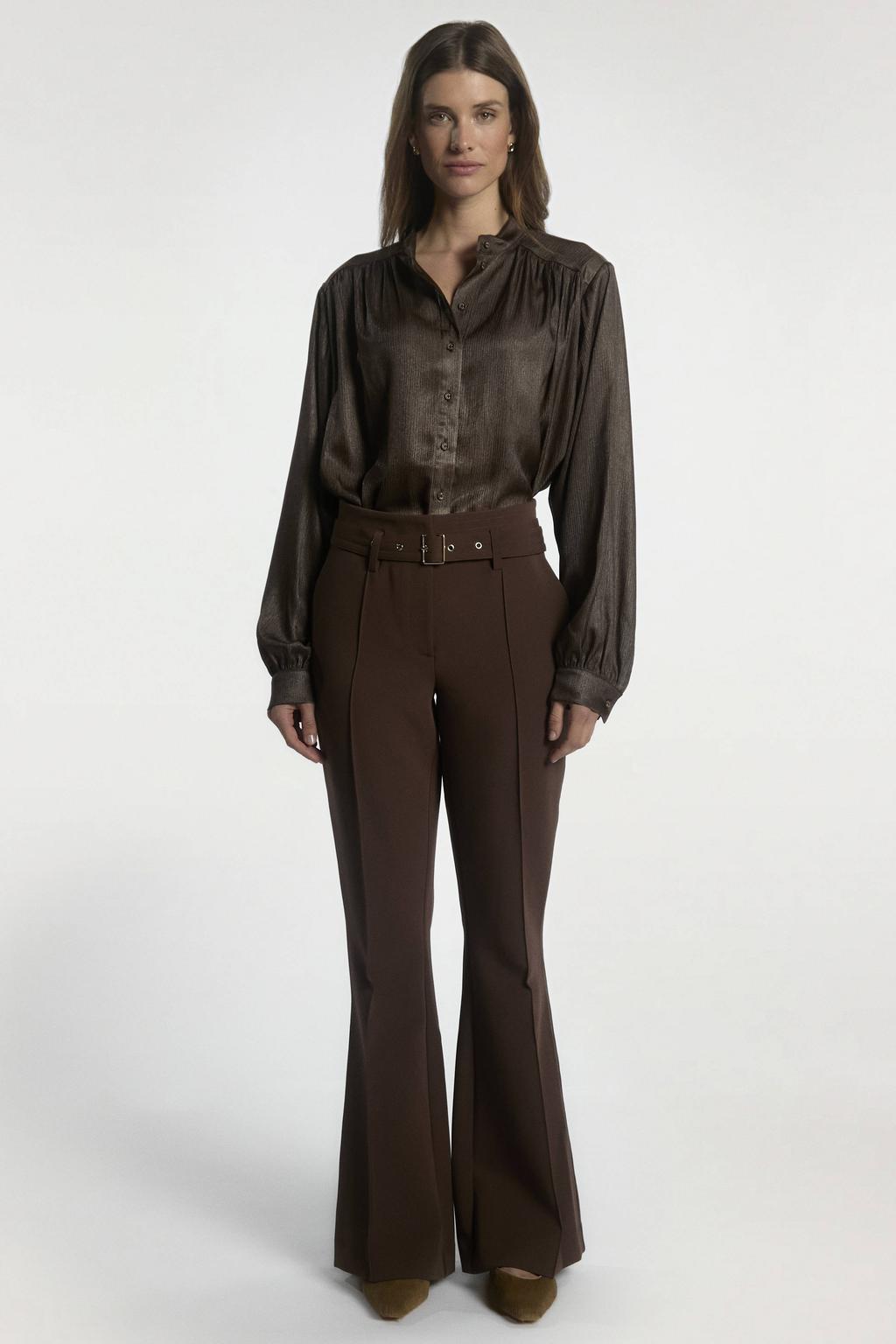 Bruine dames Aaiko blouse van polyester met effen, lange mouwen, klassieke kraag en knoopsluiting