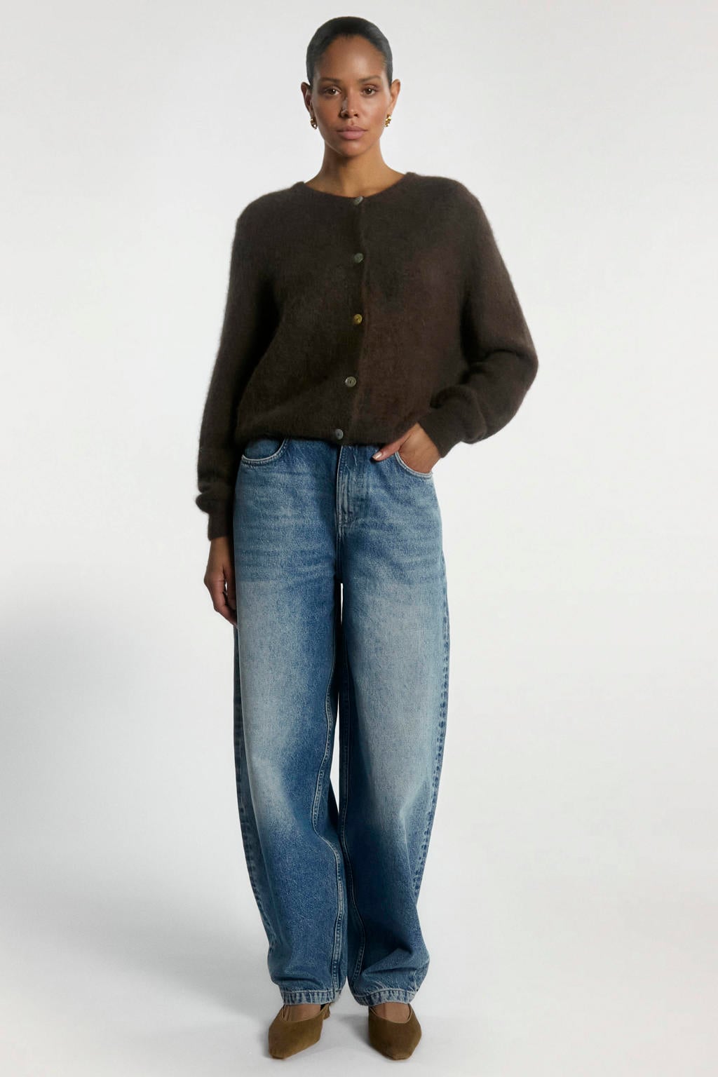 Donkerblauwe dames Aaiko gebreide vest van polyamide met effen, lange mouwen, ronde hals en knoopsluiting