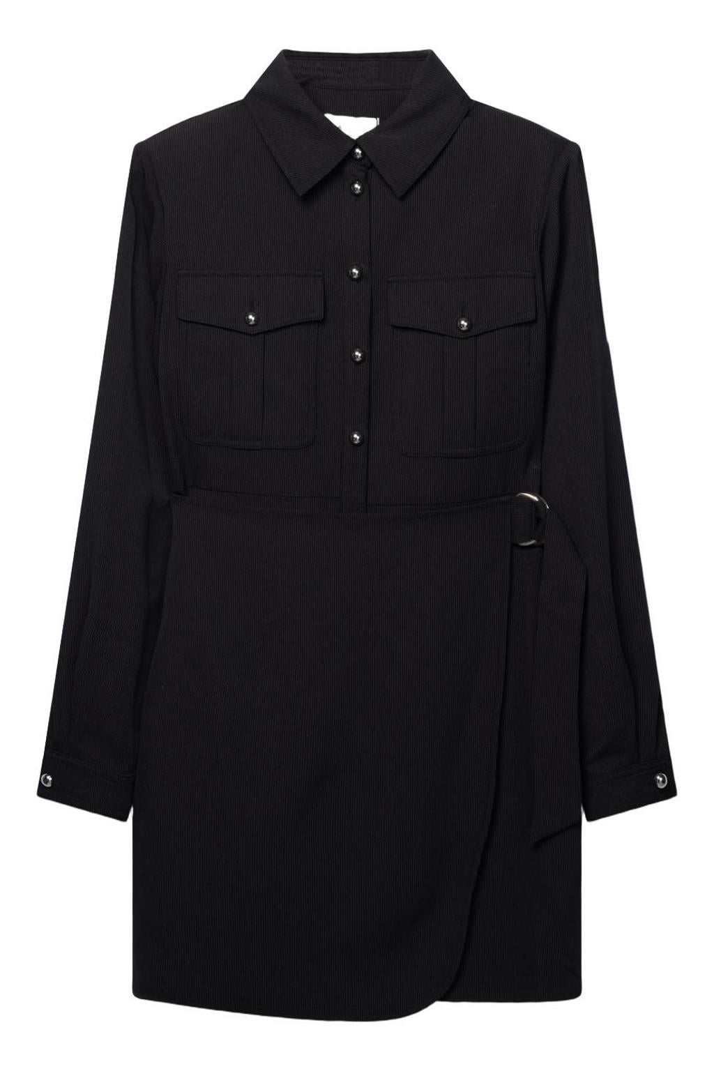 Zwarte dames Aaiko midi jurk van polyester met effen, lange mouwen, klassieke kraag en knoopsluiting