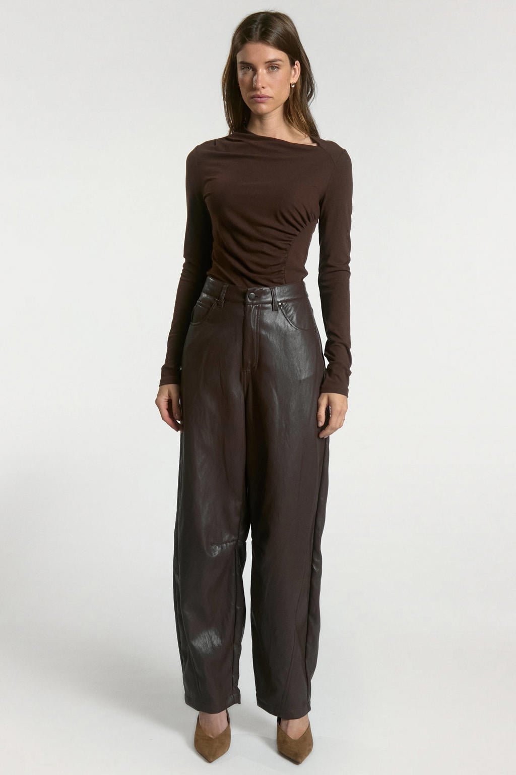 Donkerblauwe dames Aaiko barrel broek van polyurethaan met high waist, knoopsluiting en effen