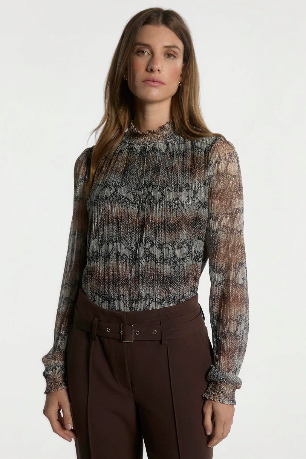 Bruine dames Aaiko top van polyester met dierenprint, lange mouwen en ronde hals