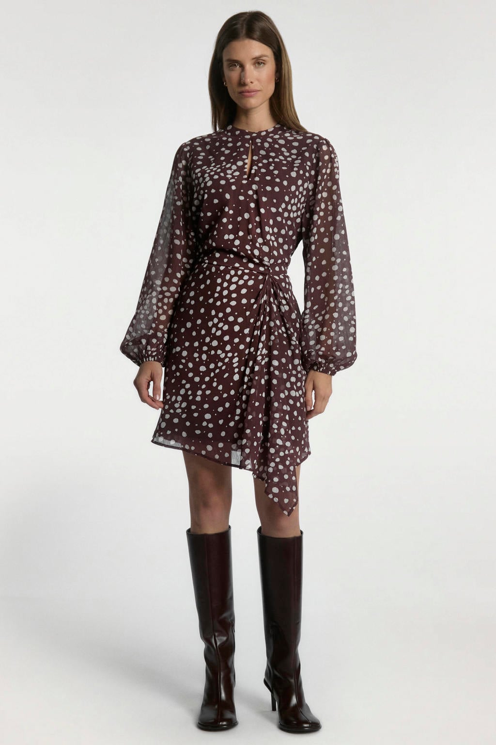 Donkerrood en ecru dames Aaiko mini jurk van polyester met stippenprint, lange mouwen en ronde hals