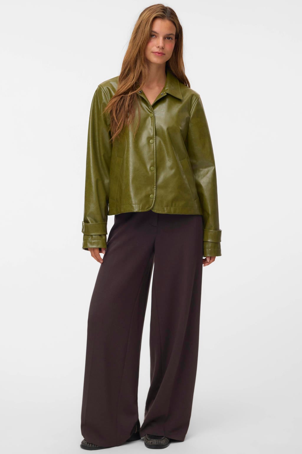 Bruine dames VERO MODA wide leg casual broek van modal met haaksluiting en effen