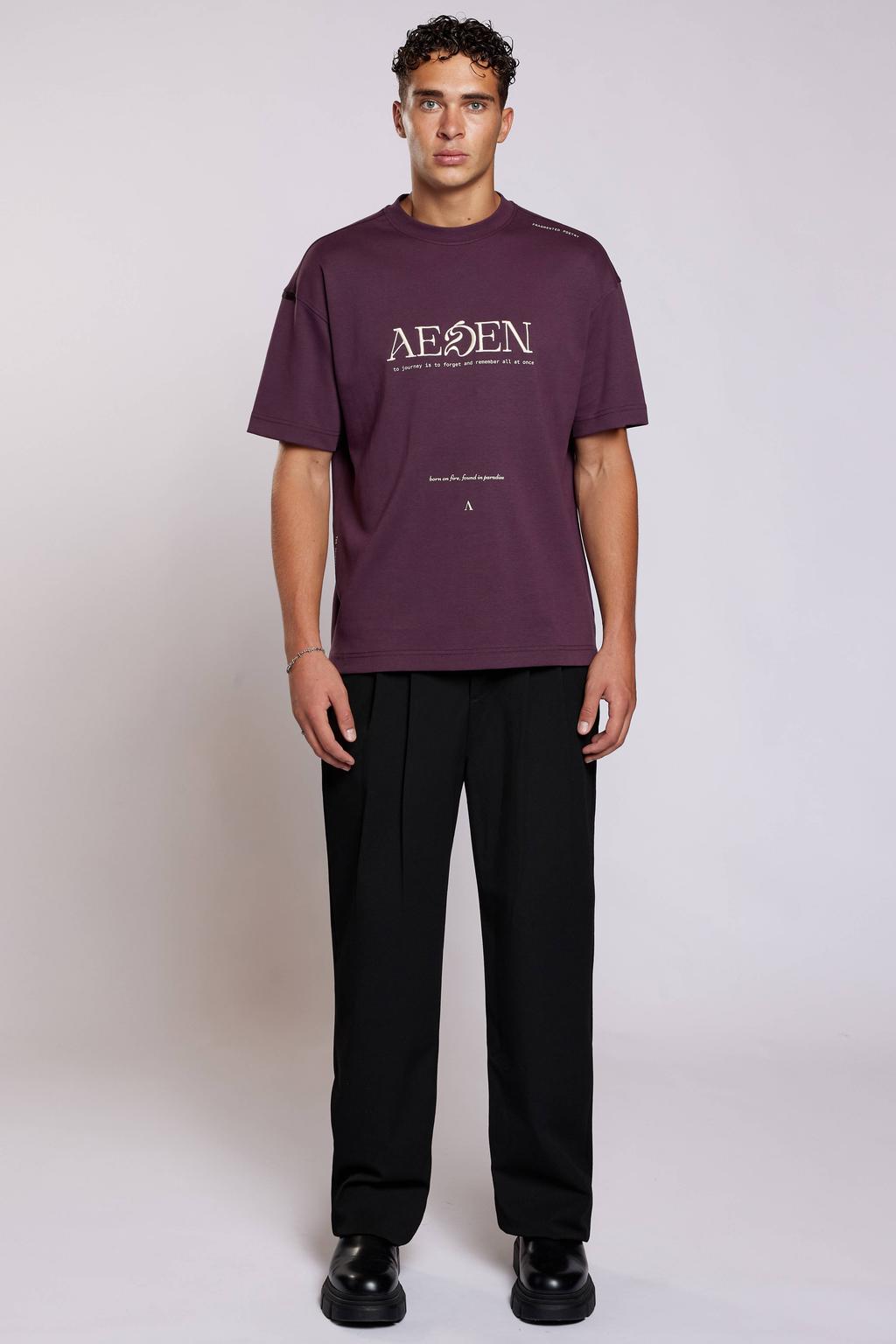 Donkerpaarse heren Aeden relaxed fit T-shirt van katoen met korte mouwen en ronde hals