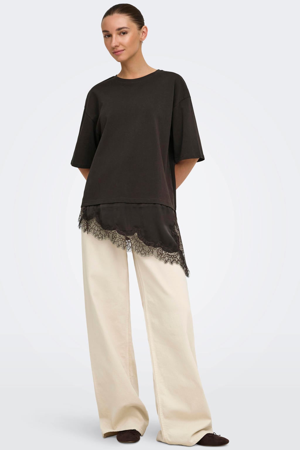 Bruine dames JDY T-shirt van katoen met effen, korte mouwen, ronde hals en kant