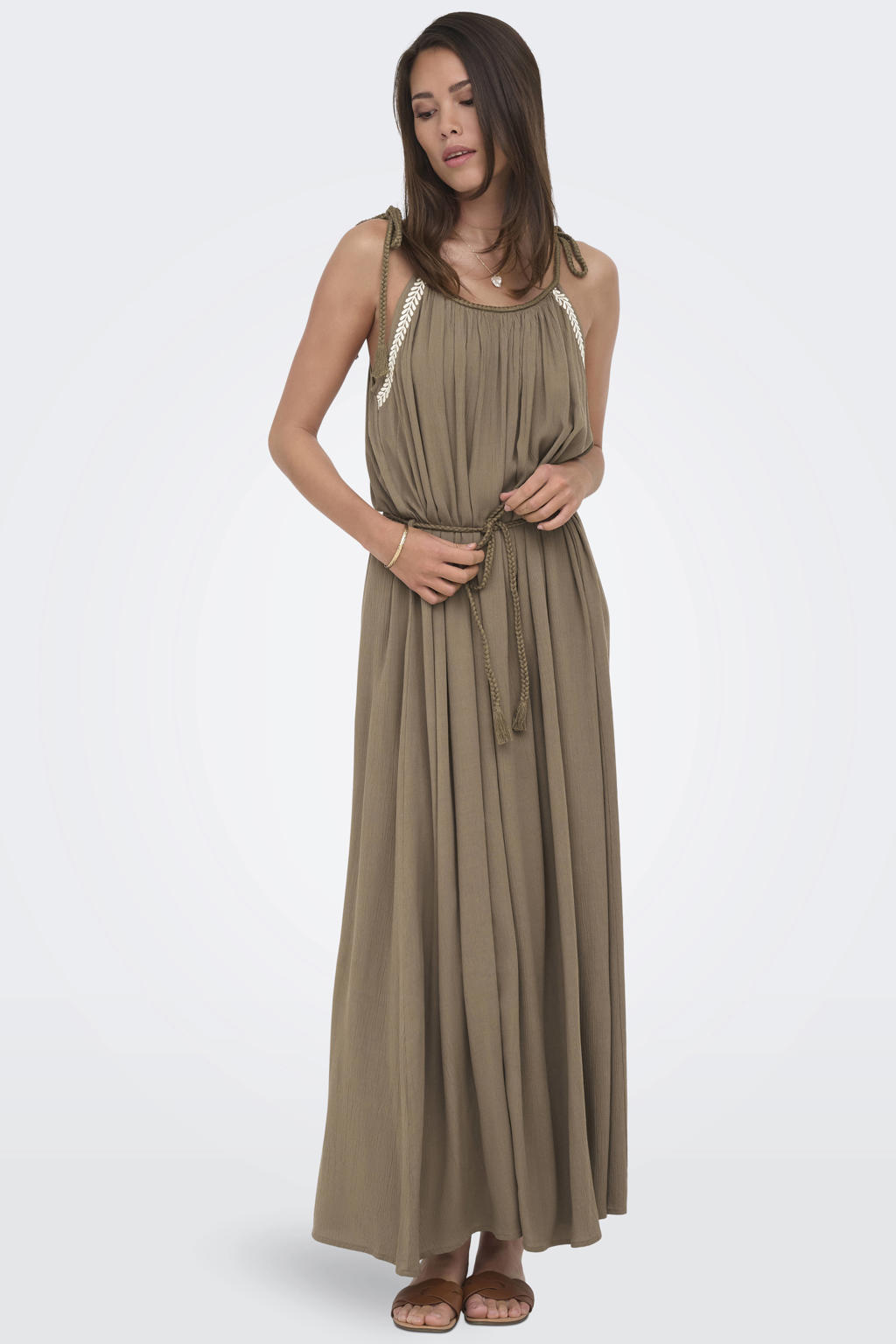 JDY viscose maxi zomerjurk met borduursels - bruin
