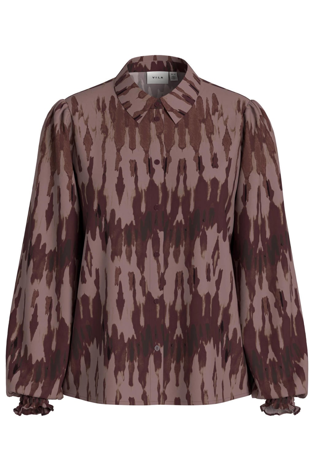 Donkerrood en roze dames VILA blouse print en linnen met lange mouwen, klassieke kraag, knoopsluiting en ruches