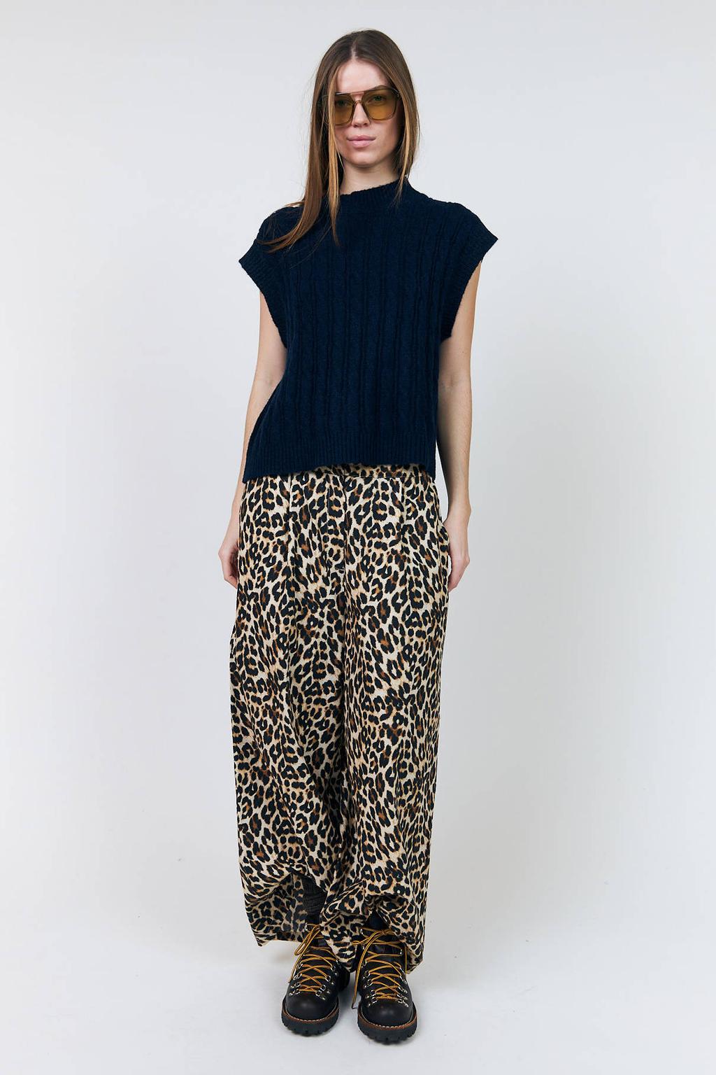 Lichtbruin en zwarte dames Lollys Laundry wide leg casual broek van katoen met panterprint