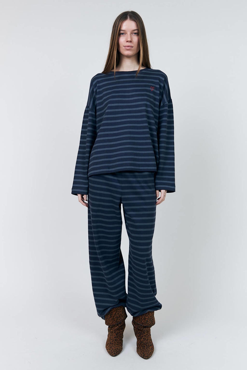 Donkerblauwe dames Lollys Laundry loose fit gestreepte broek van katoen met high waist en elastische tailleband met koord