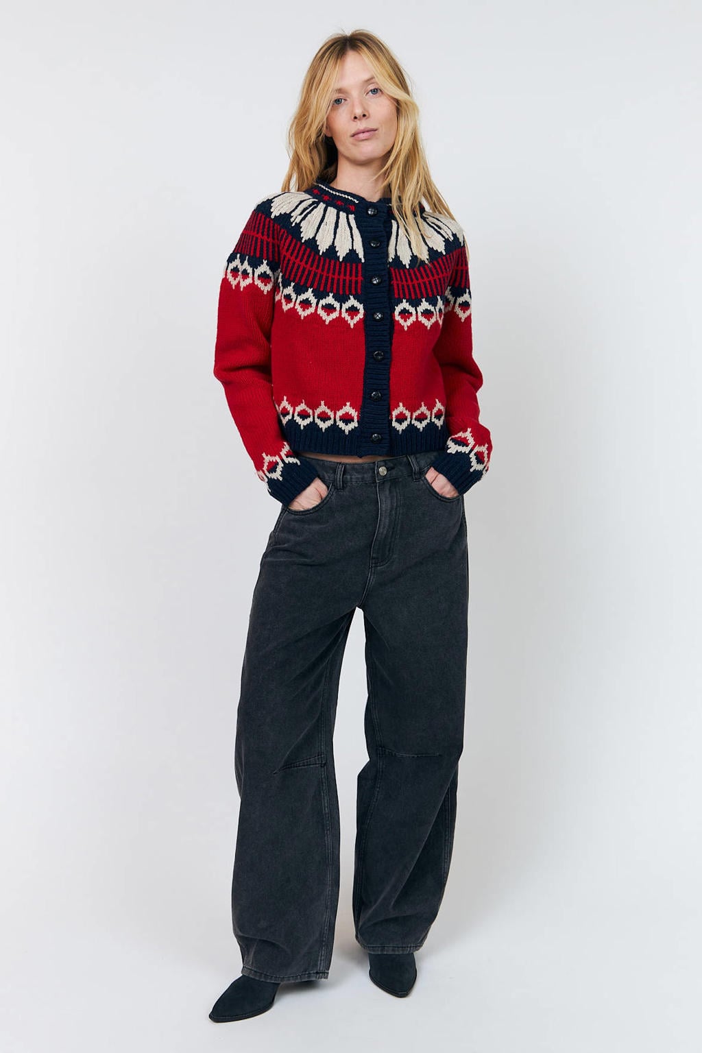 Lollys Laundry gebreid vest met print en wol - rood/donkerblauw/ecru