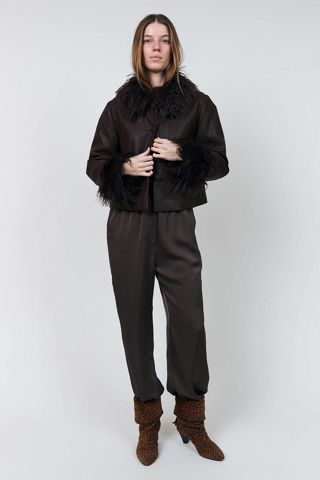 Bruine dames Lollys Laundry faux fur jas met effen en lange mouwen