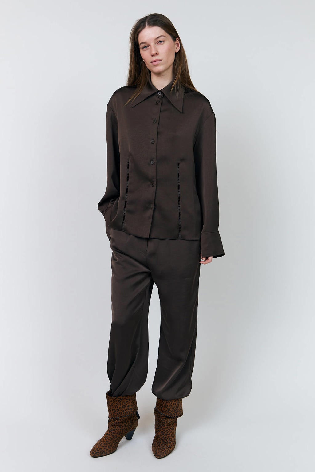 Bruine dames Lollys Laundry blouse met effen, lange mouwen, klassieke kraag en knoopsluiting