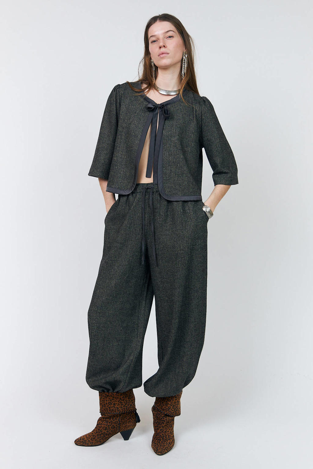 Lollys Laundry high waist ballon broek met wol - grijs