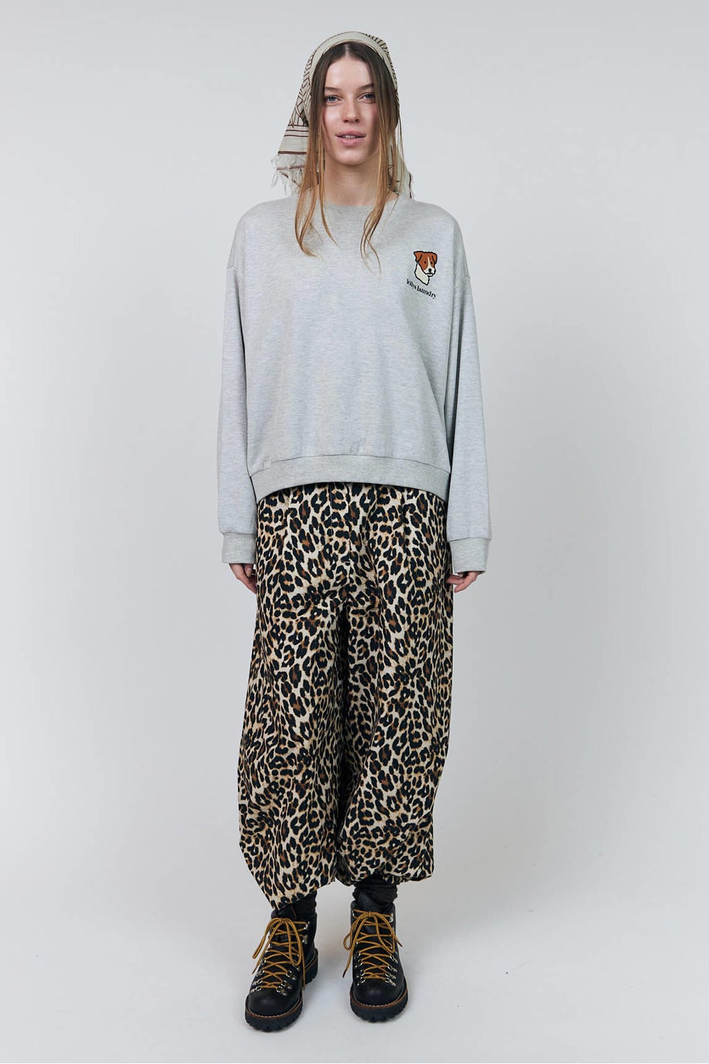 Grijze dames Lollys Laundry gemêleerde sweater met melée print, lange mouwen, ronde hals en 3D applicatie