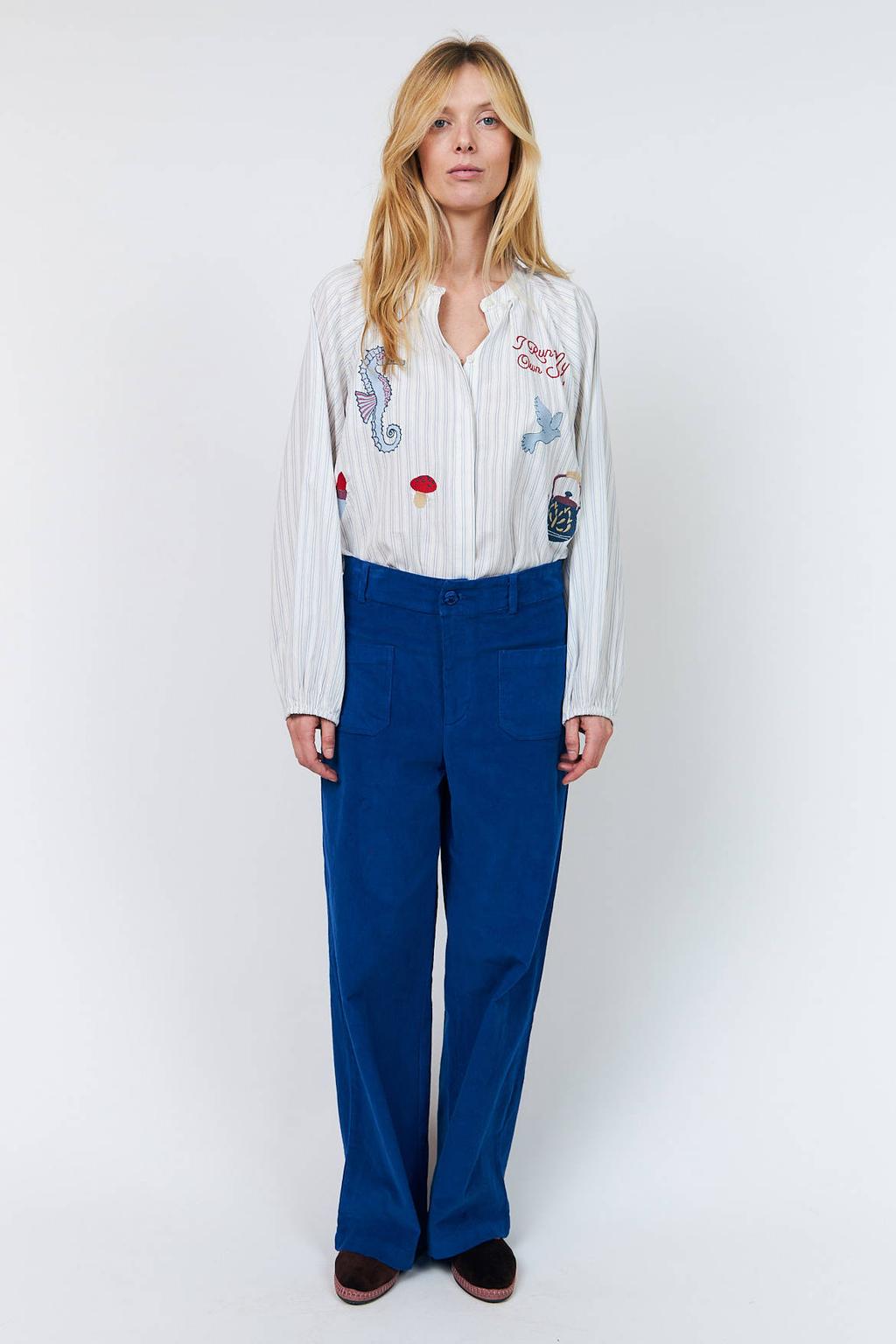 Ecru en blauwe dames Lollys Laundry gestreepte blouse van katoen met lange mouwen, mao kraag, knoopsluiting en 3D applicatie