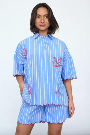 gestreepte blouse met borduursels - blauw