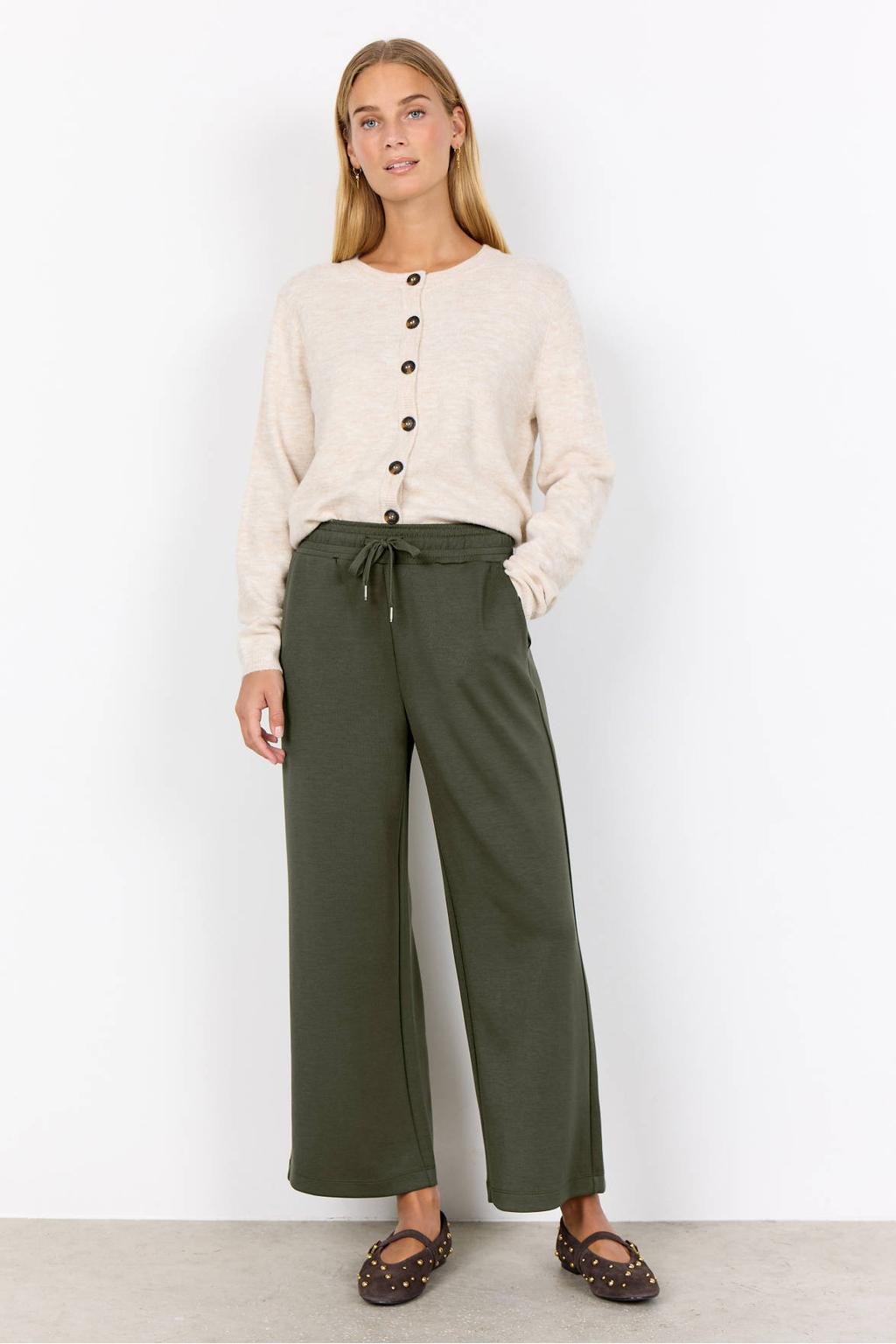 Groene dames Soyaconcept wide leg broek van modal met high waist, elastische tailleband met koord en effen