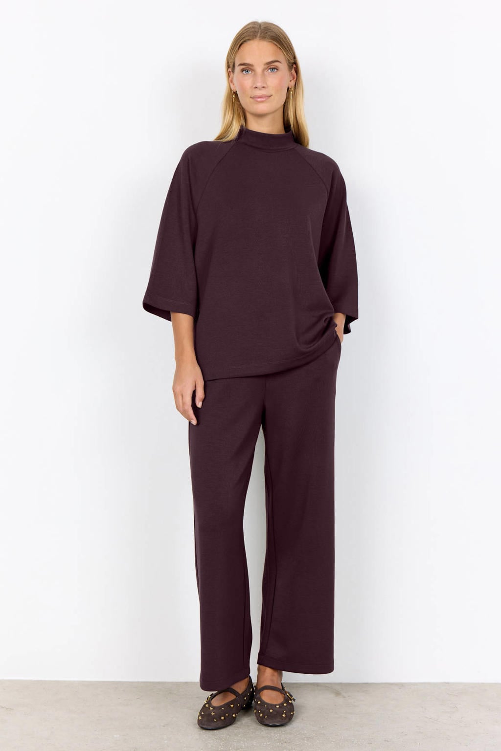 Aubergine dames Soyaconcept top van modal met effen, driekwart mouwen en ronde hals