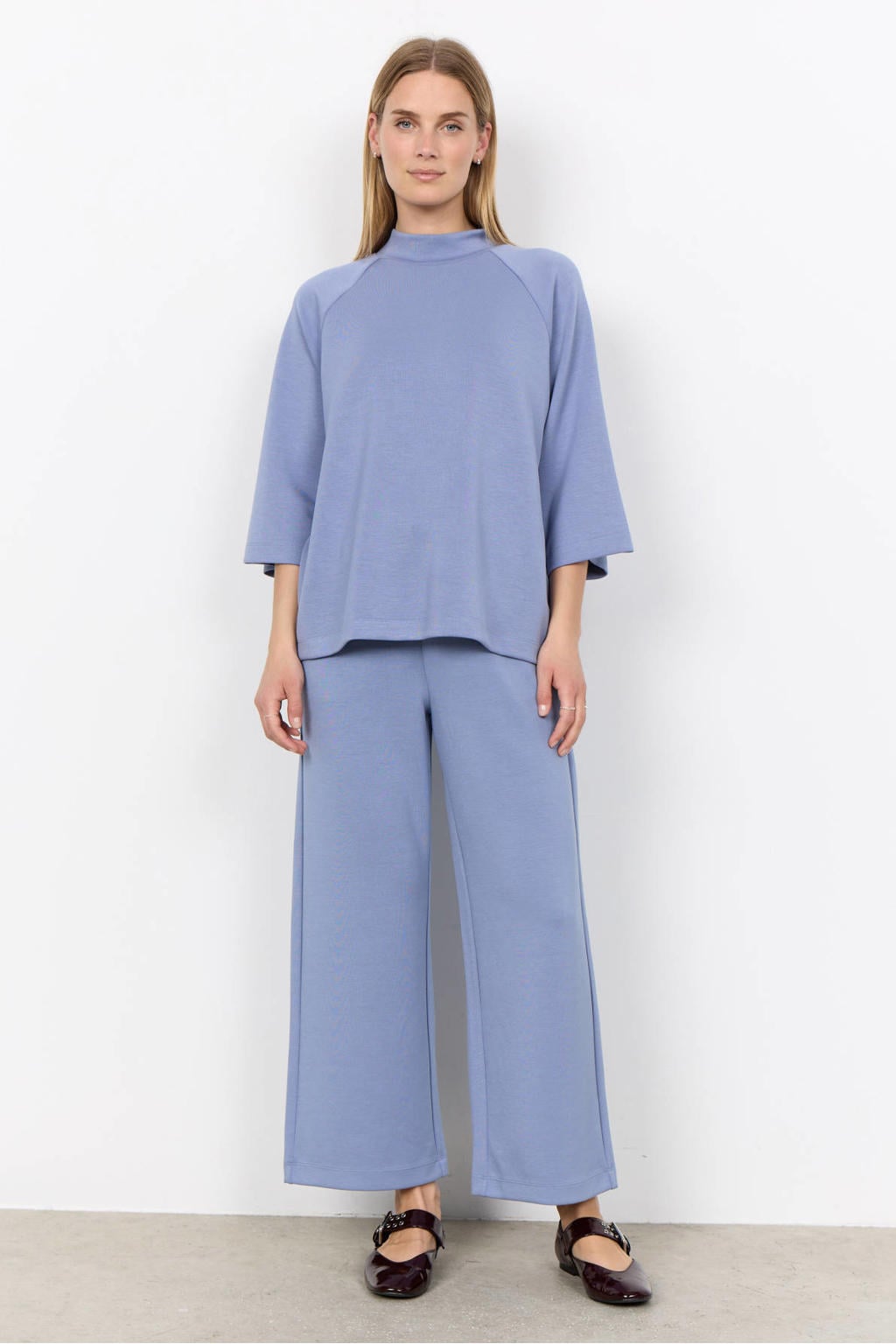Blauwe dames Soyaconcept top van modal met effen, driekwart mouwen en ronde hals