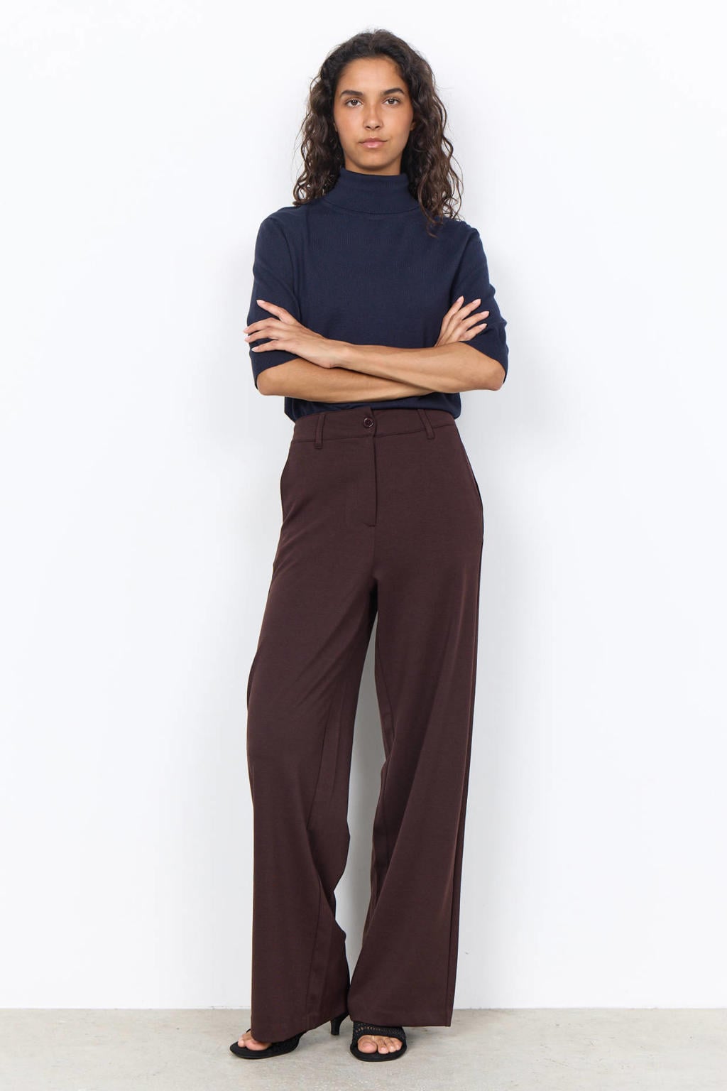 Donkerpaarse dames Soyaconcept wide leg pantalon met rits- en haaksluiting en effen