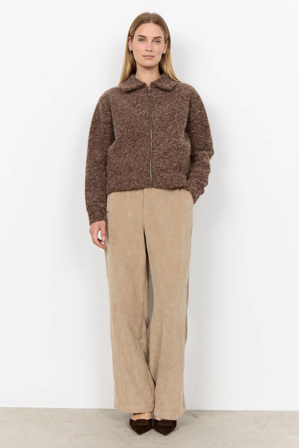 Bruine dames Soyaconcept jas van polyester met effen, lange mouwen, ritssluiting en textuur