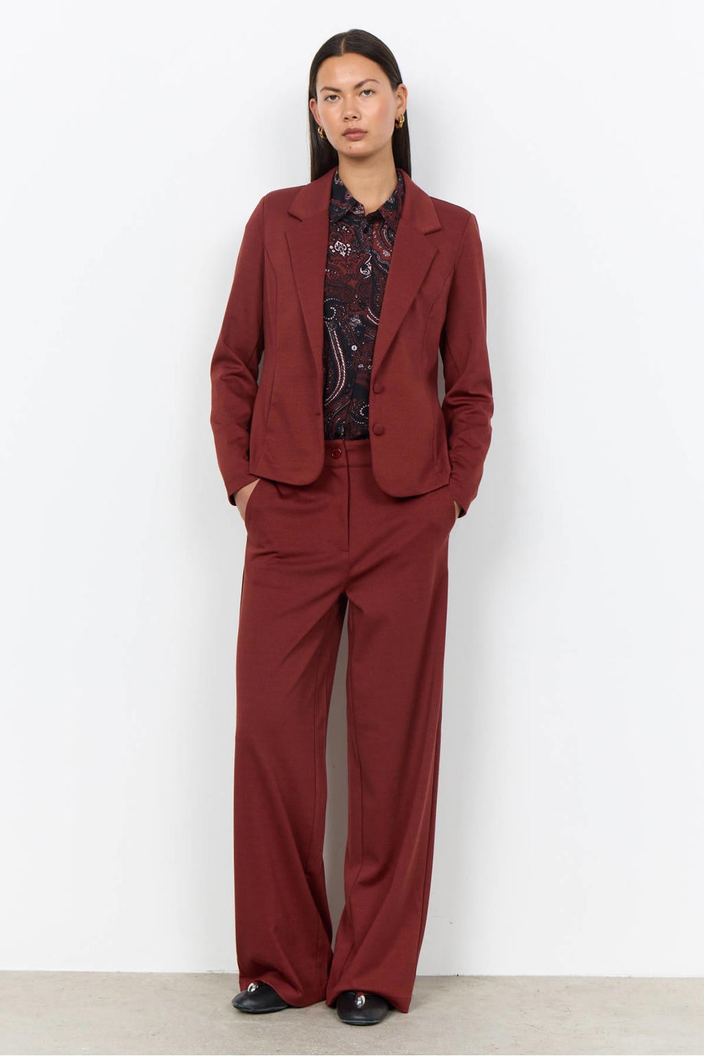 Roodbruine dames Soyaconcept getailleerde blazer bruin van polyester met effen, lange mouwen, reverskraag en knoopsluiting