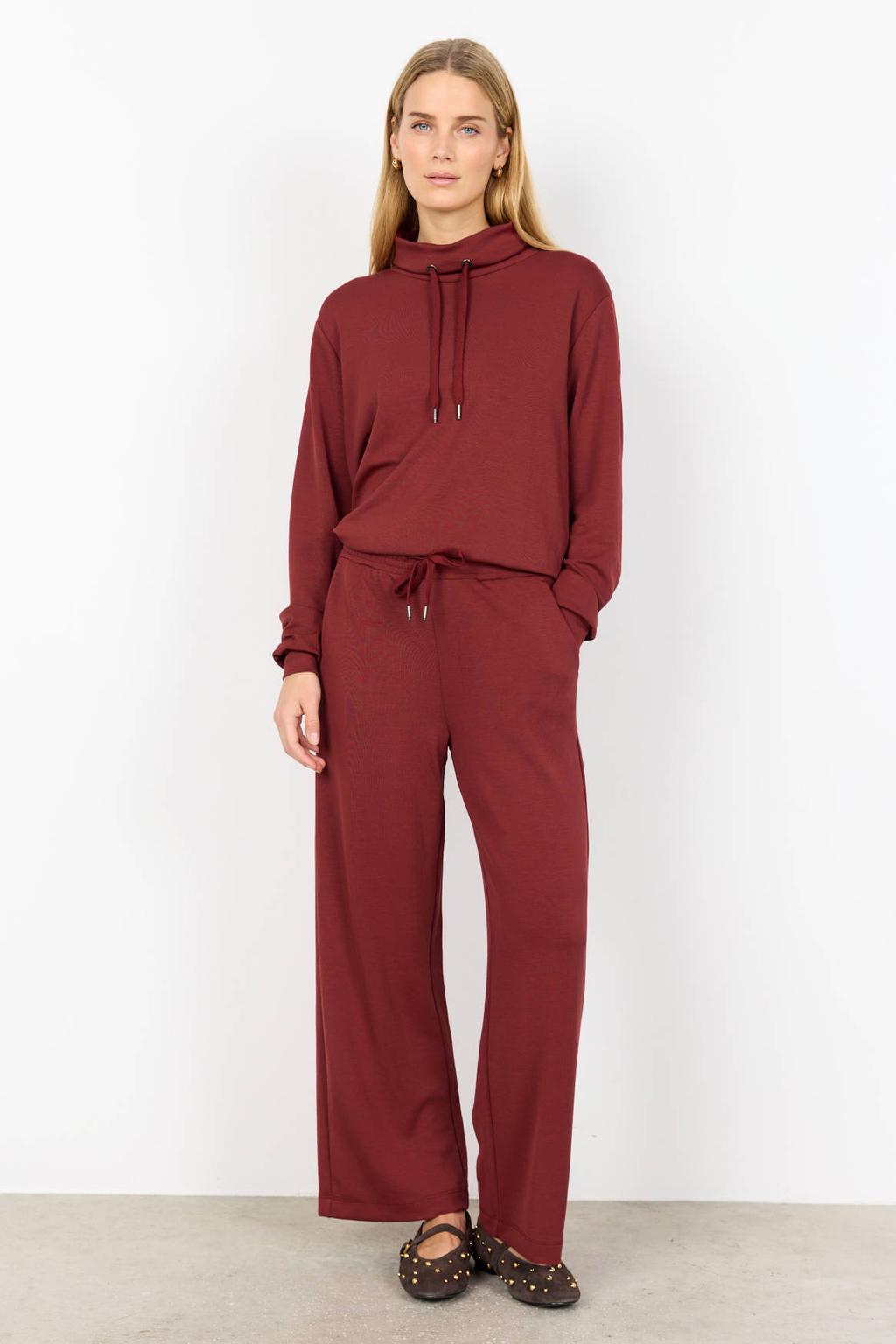 Roodbruine dames Soyaconcept high waist wide leg broek bruin van modal met elastische tailleband met koord en effen