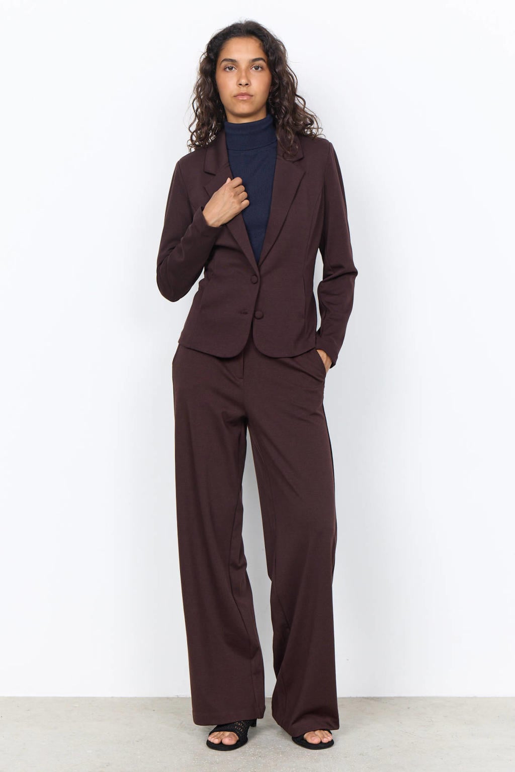 Bruine dames Soyaconcept getailleerde blazer van polyester met effen, lange mouwen, reverskraag en knoopsluiting