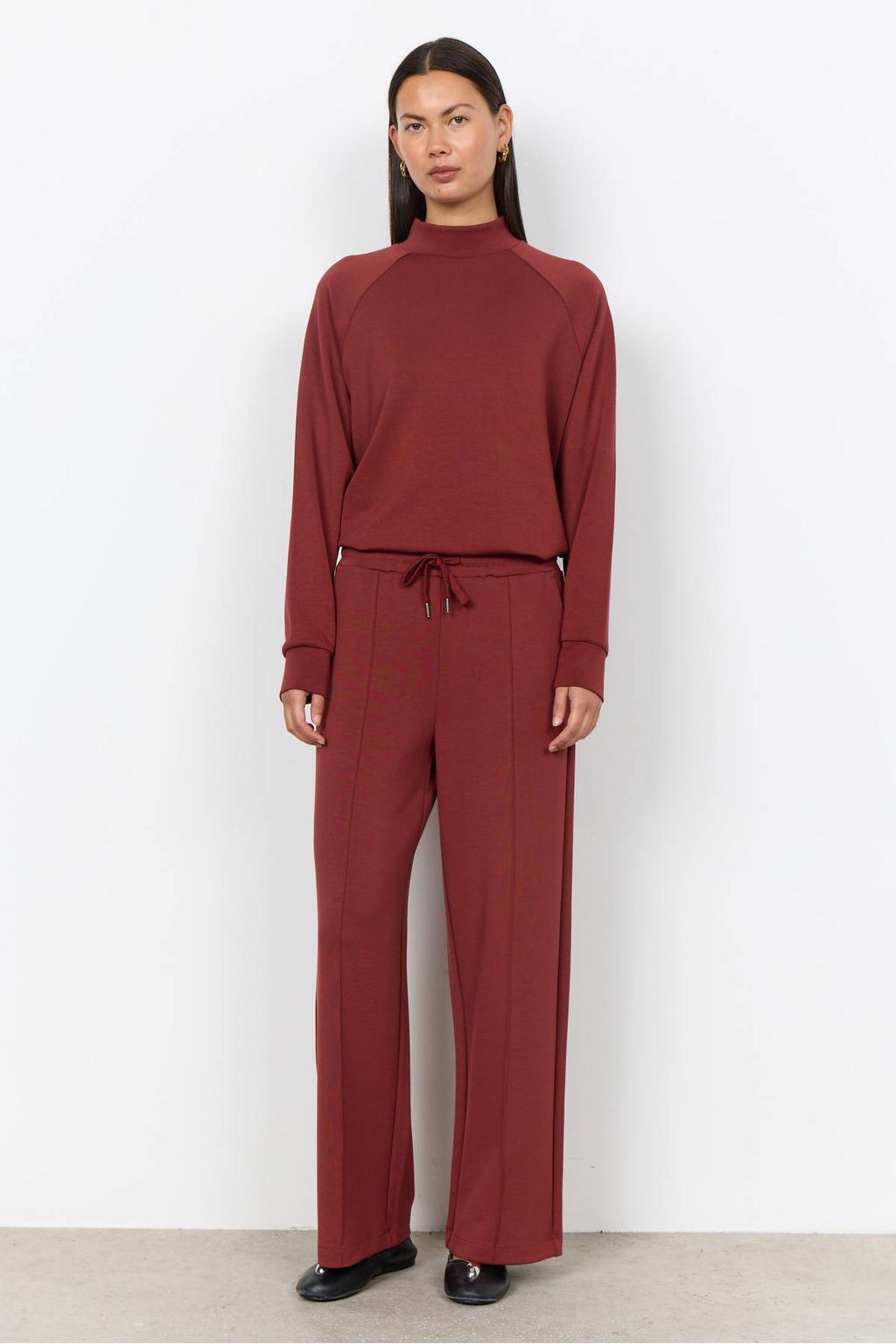 Roodbruine dames Soyaconcept high waist wide leg joggingbroek bruin van modal met elastische tailleband met koord en effen