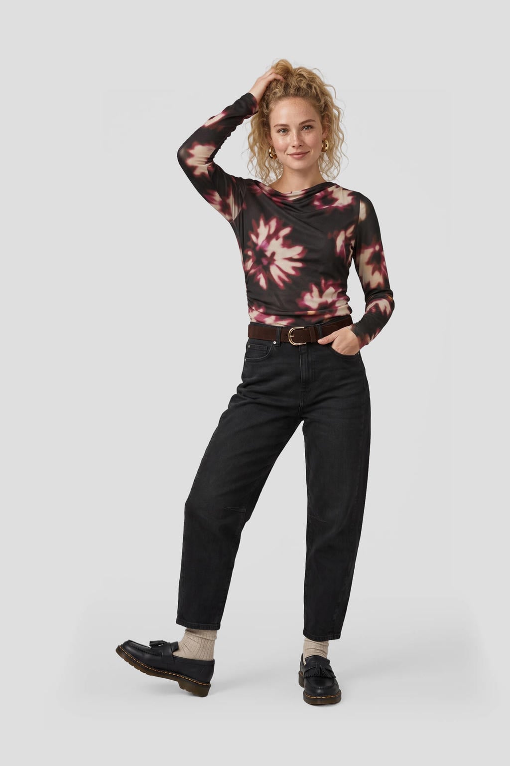 Zwarte dames Anytime one shoulder mesh top van polyester met lange mouwen