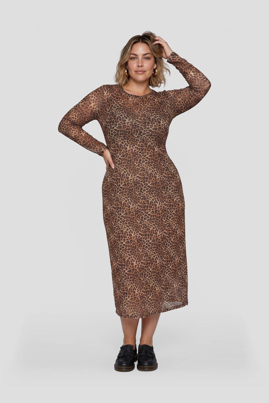 Bruine dames GREAT LOOKS mesh maxi jurk van polyester met panterprint, lange mouwen, ronde hals en elastische inzet