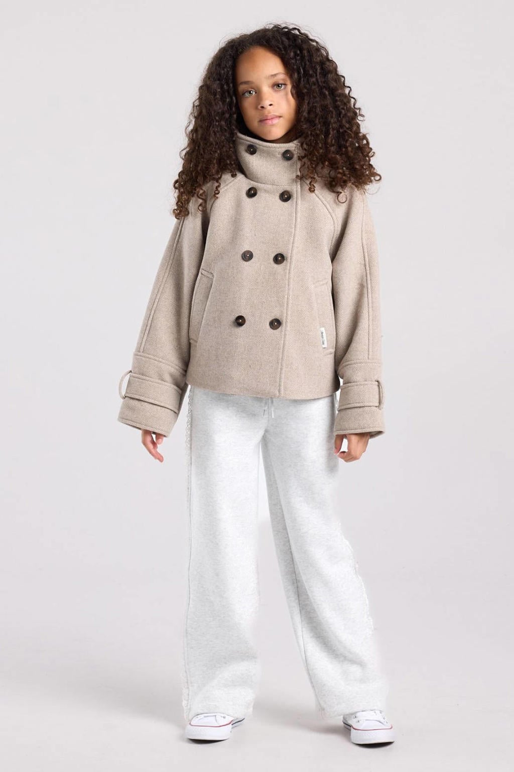 Beige meisjes America Today trenchcoat van polyester met effen, lange mouwen, opstaande kraag en double breasted sluiting