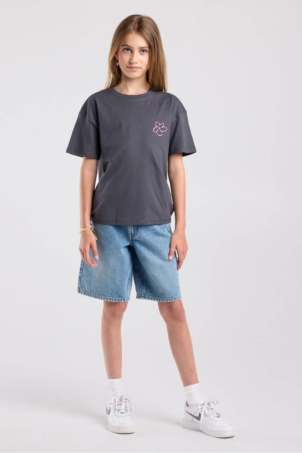 Antraciet, geel en roze meisjes America Today T-shirt van katoen met backprint, korte mouwen en ronde hals