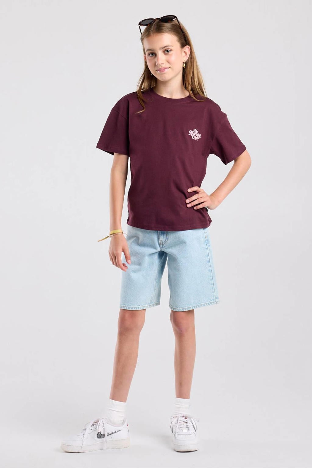 Donkerrood en lichtroze meisjes America Today T-shirt van katoen met backprint, korte mouwen en ronde hals