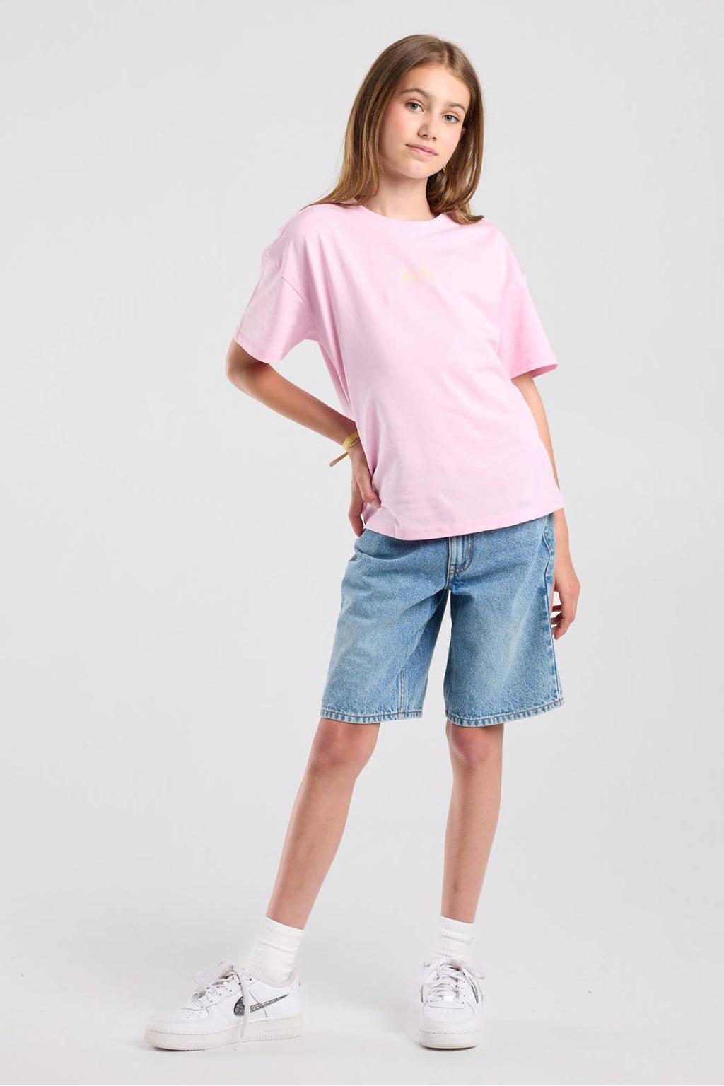 Lichtroze en gele meisjes America Today T-shirt van katoen met backprint, korte mouwen en ronde hals