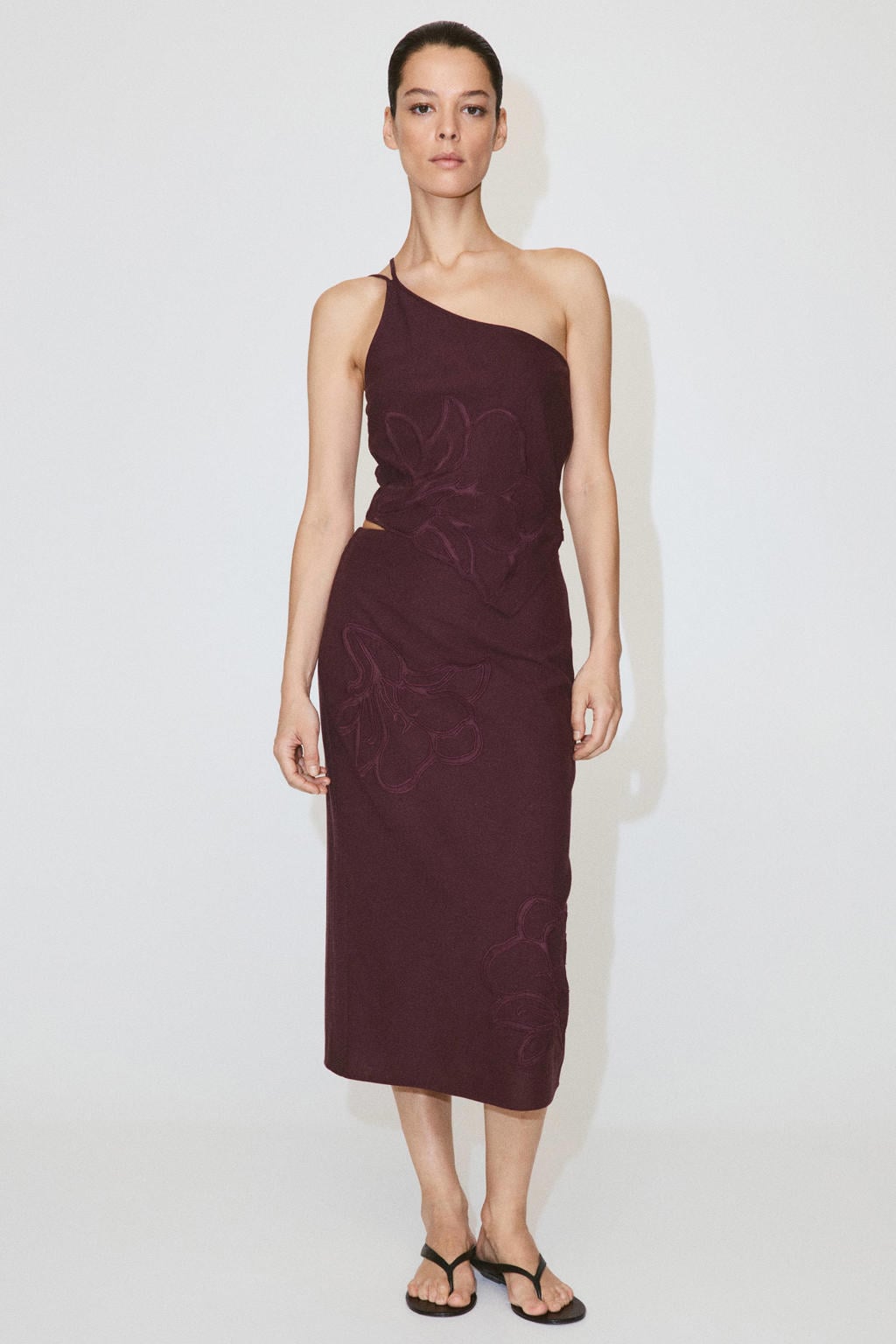 Mango midi rok met borduursels en linnen - donkerrood