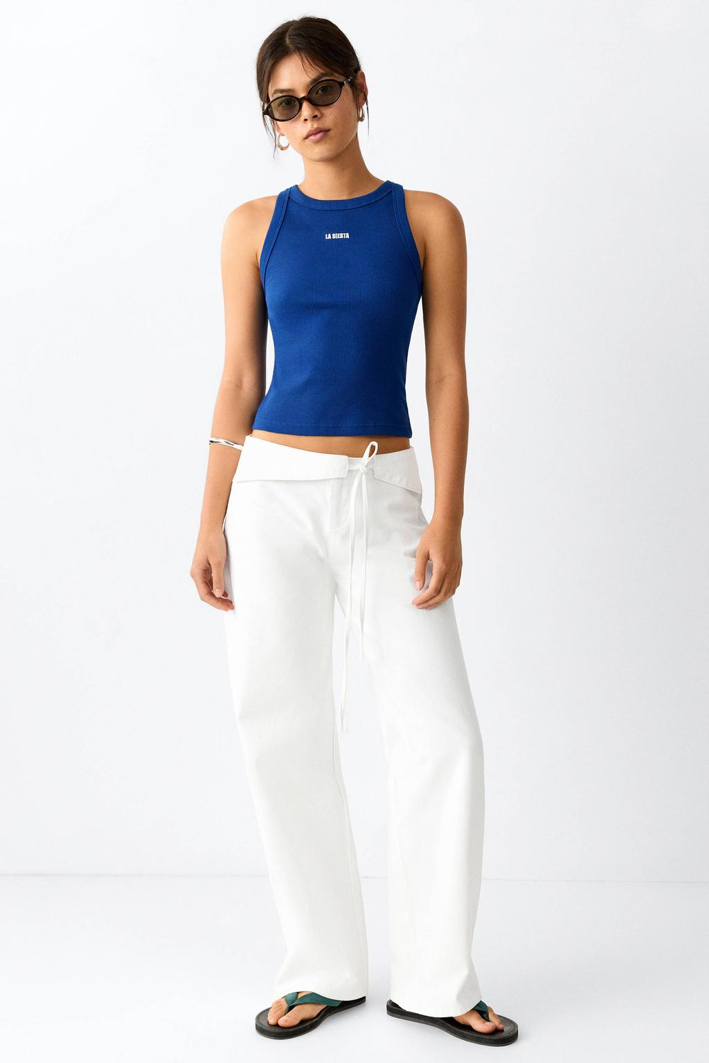 Witte meisjes MANGO TEEN wide leg jeans van denim met low waist, rits- en knoopsluiting en effen