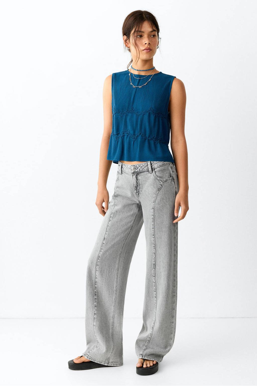 Grey denim meisjes MANGO TEEN wide leg jeans van denim met rits- en knoopsluiting en effen