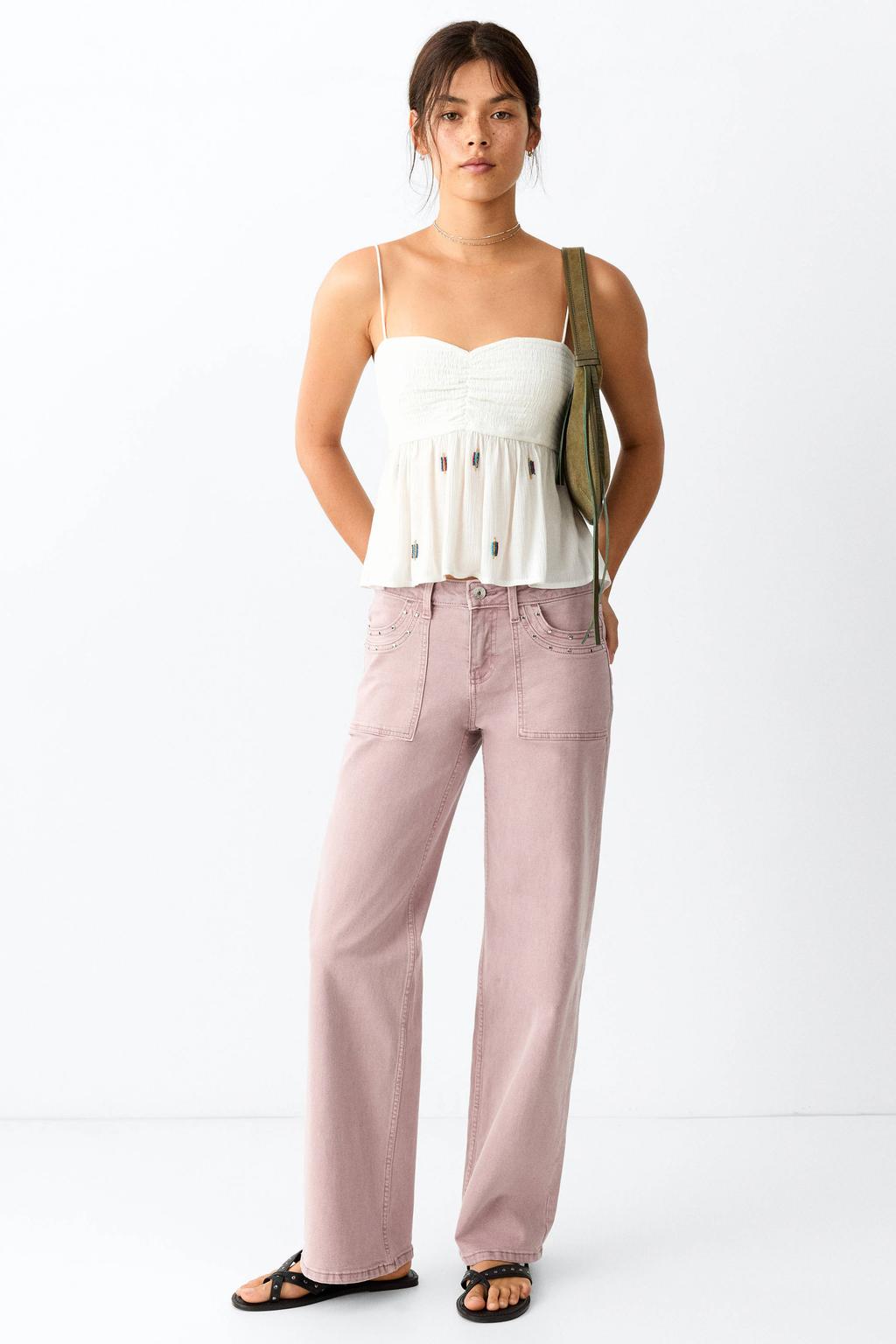 Roze meisjes MANGO TEEN straight leg jeans van stretchdenim met low waist, rits- en knoopsluiting en effen