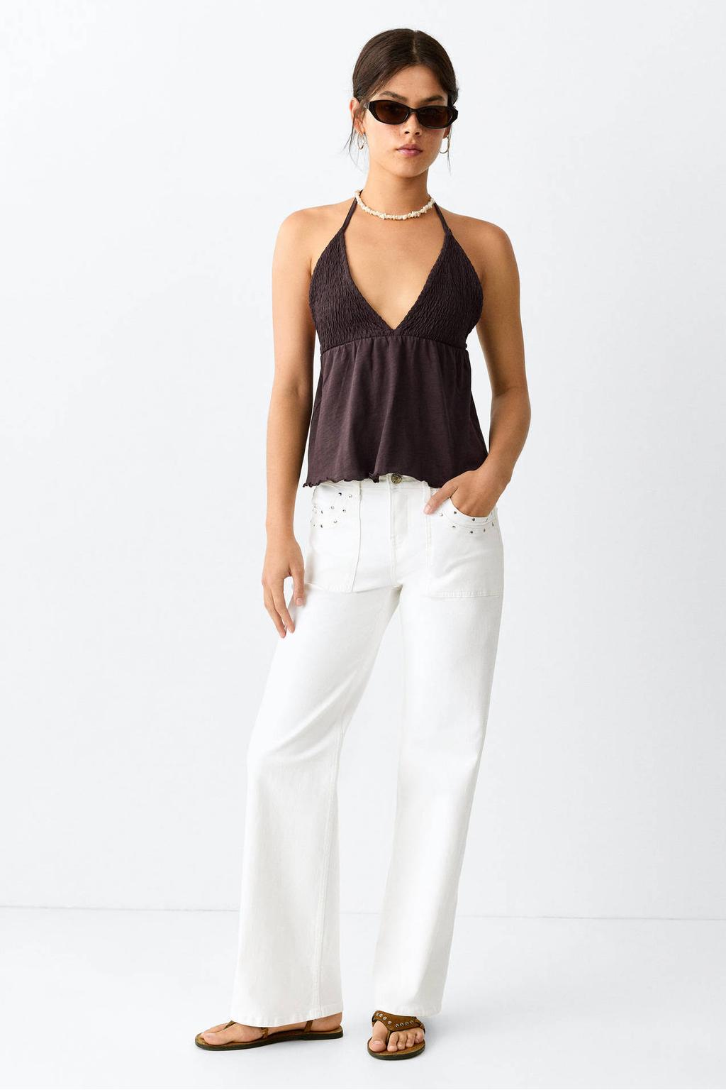 Witte meisjes MANGO TEEN wide leg jeans van denim met rits- en knoopsluiting en effen