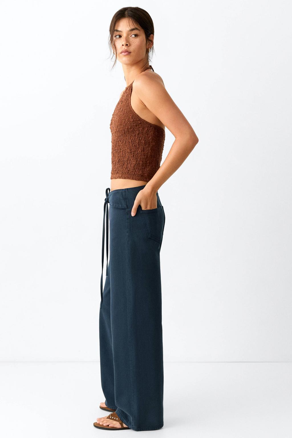 Donkerblauwe meisjes MANGO TEEN low waist wide leg jeans van denim met rits- en knoopsluiting en effen