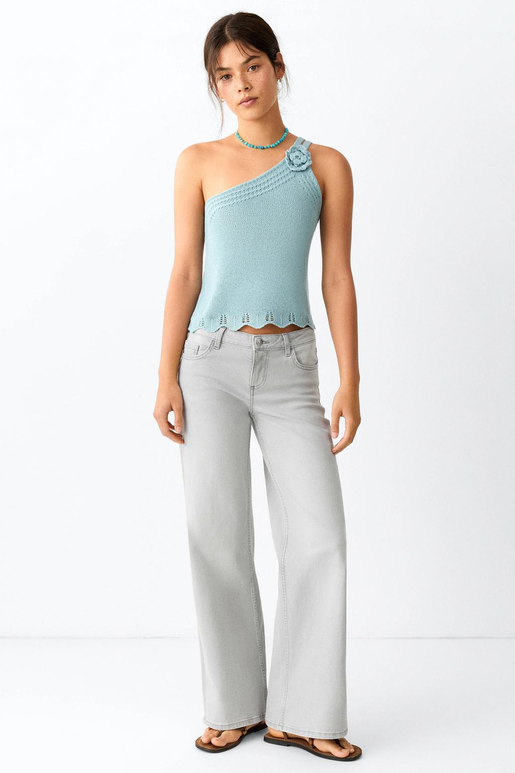 Grey denim meisjes MANGO TEEN wide leg jeans van denim met low waist, rits- en knoopsluiting en effen