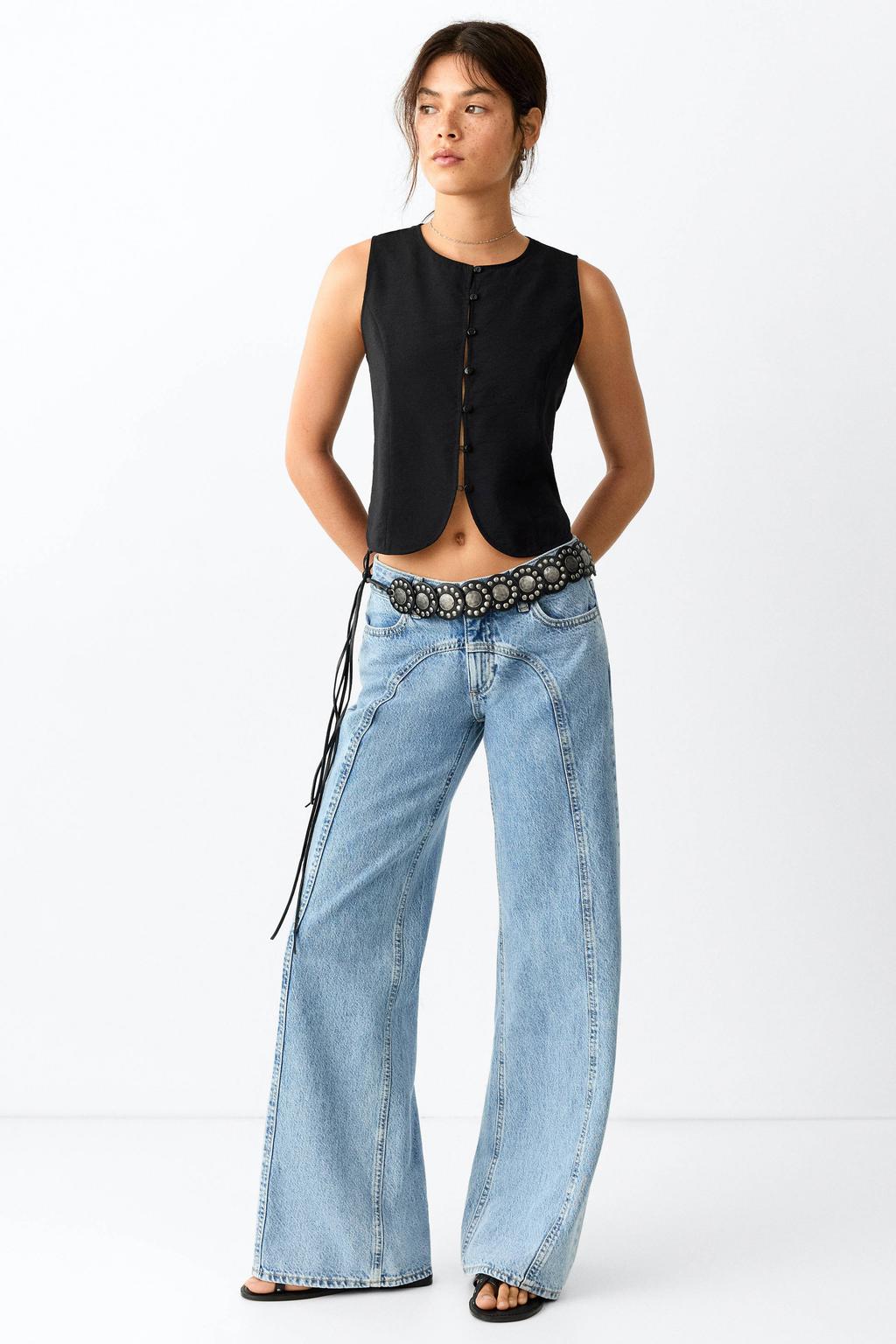 Light blue denim meisjes MANGO TEEN low waist wide leg jeans van denim met rits- en knoopsluiting en effen