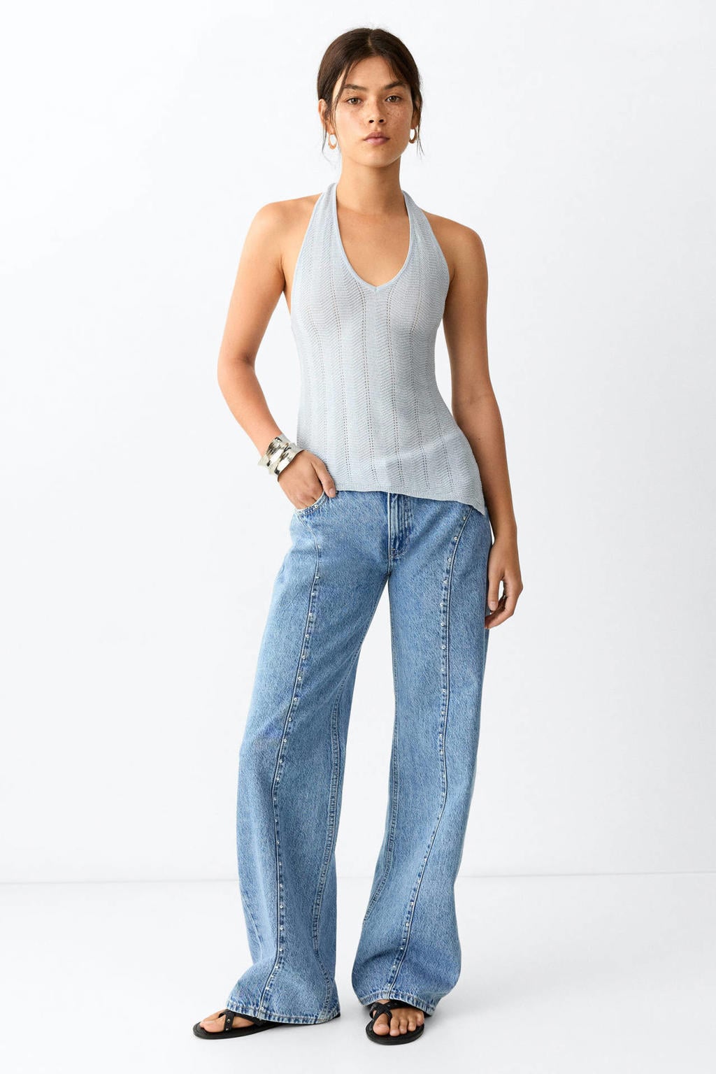 Medium blue denim meisjes MANGO TEEN wide leg jeans mediumblauw van denim met rits- en knoopsluiting en effen