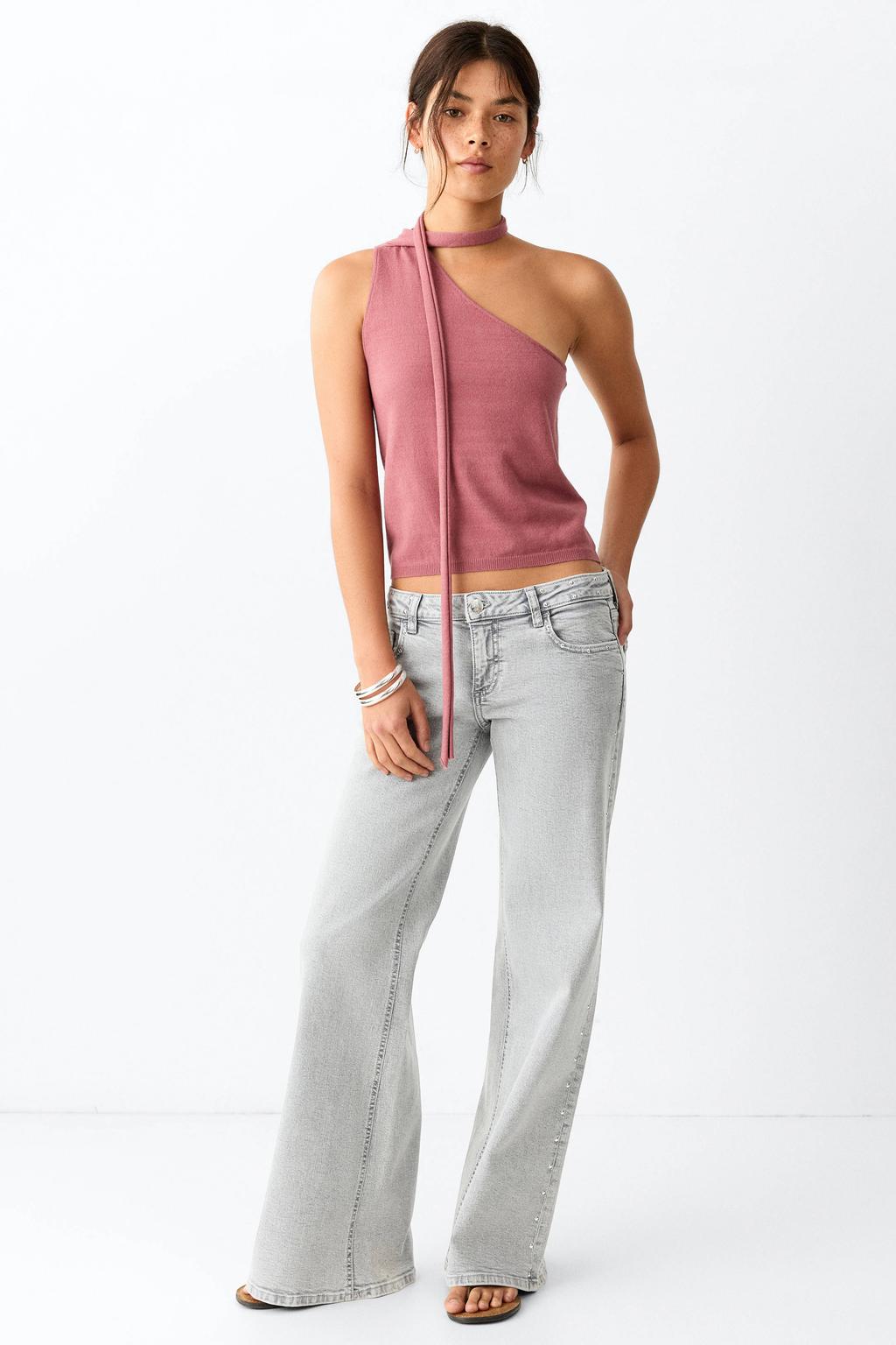 Grey denim meisjes MANGO TEEN wide leg jeans van denim met low waist, rits- en knoopsluiting en effen