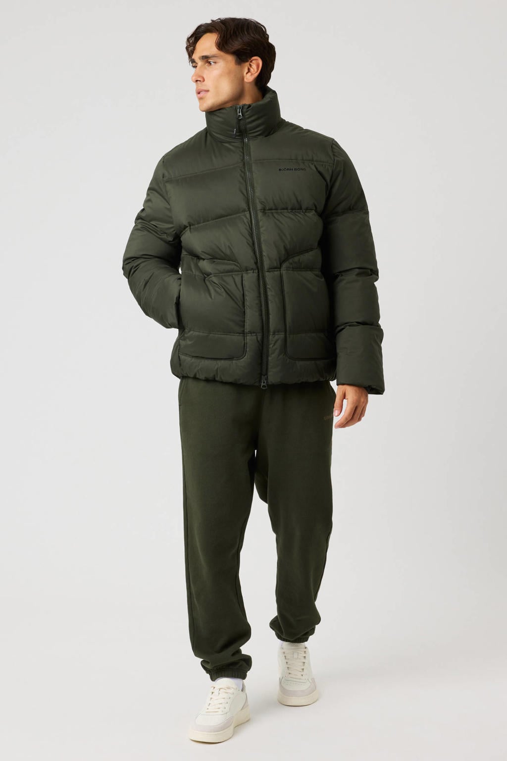 Olijfgroene heren Björn Borg winterjas van polyester met effen, lange mouwen, opstaande kraag en ritssluiting