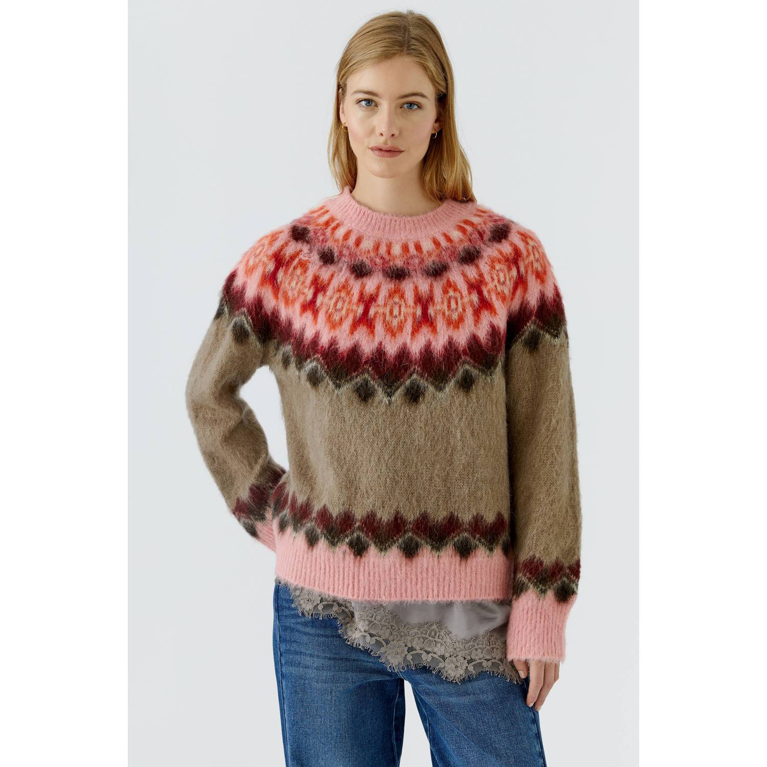 OUI gebreide trui met print roze bruin