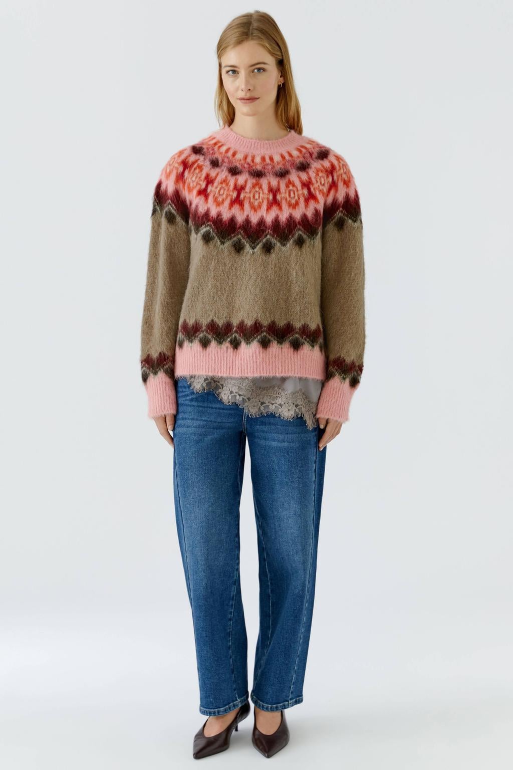 OUI gebreide trui met print - roze/bruin
