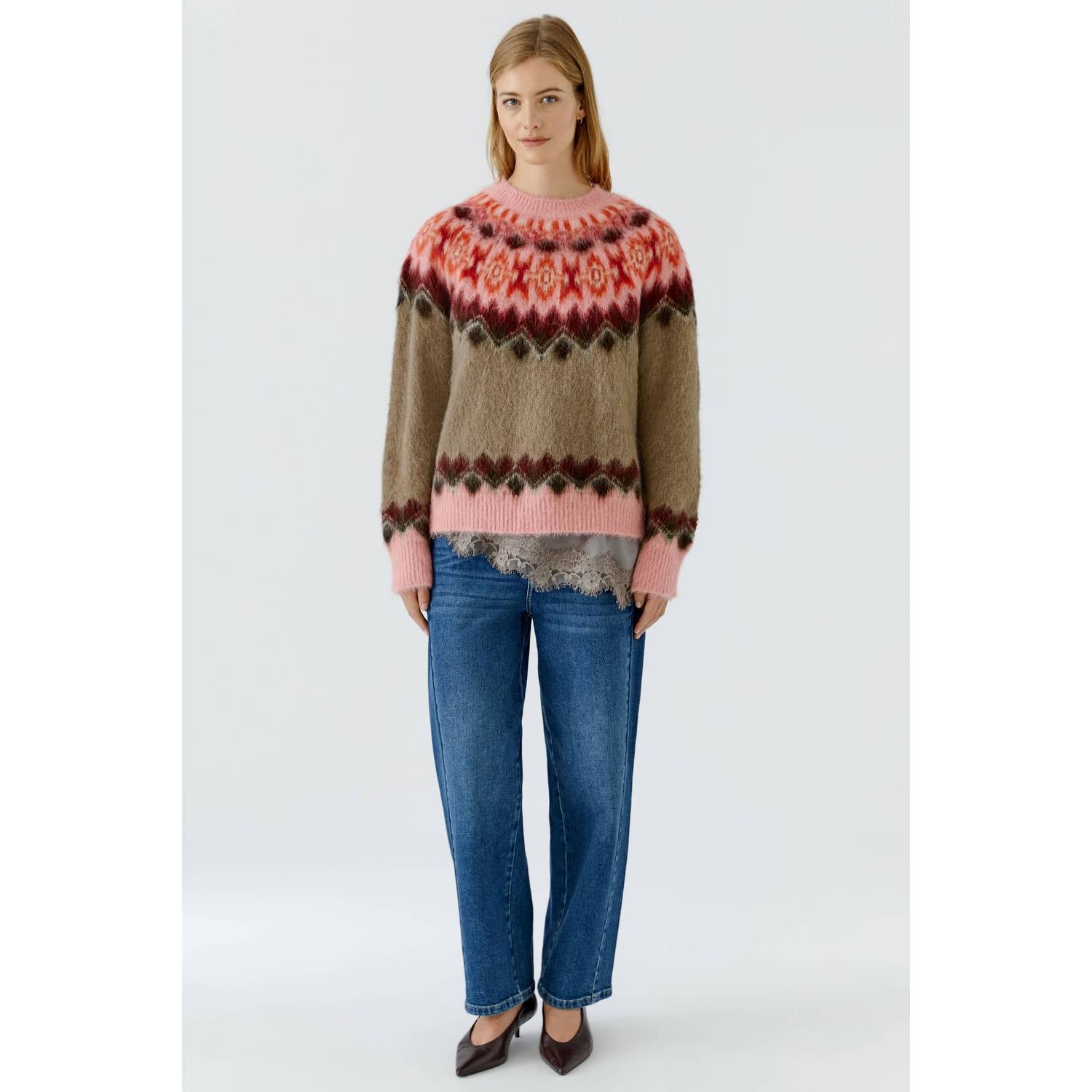 OUI gebreide trui met print roze bruin