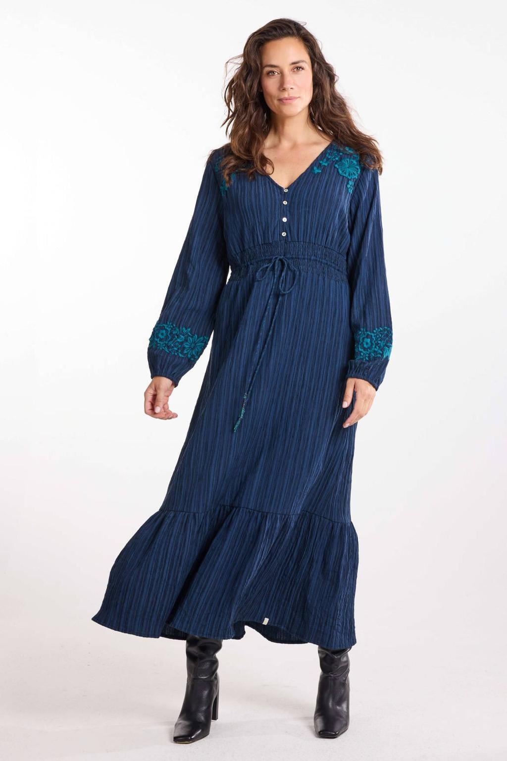 Didi blousejurk met borduursels en ceintuur - donkerblauw